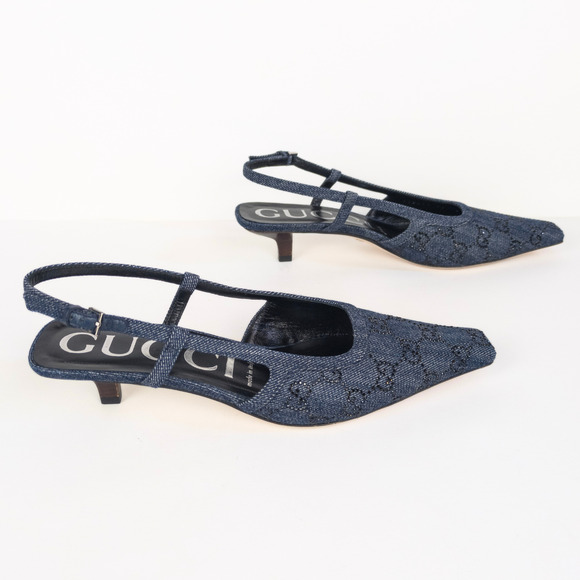 GUCCI Blue Denim GG Crystal Monogram Demi Slingback Pump Women's EU 38 / US 8 - Picture 3 of 13